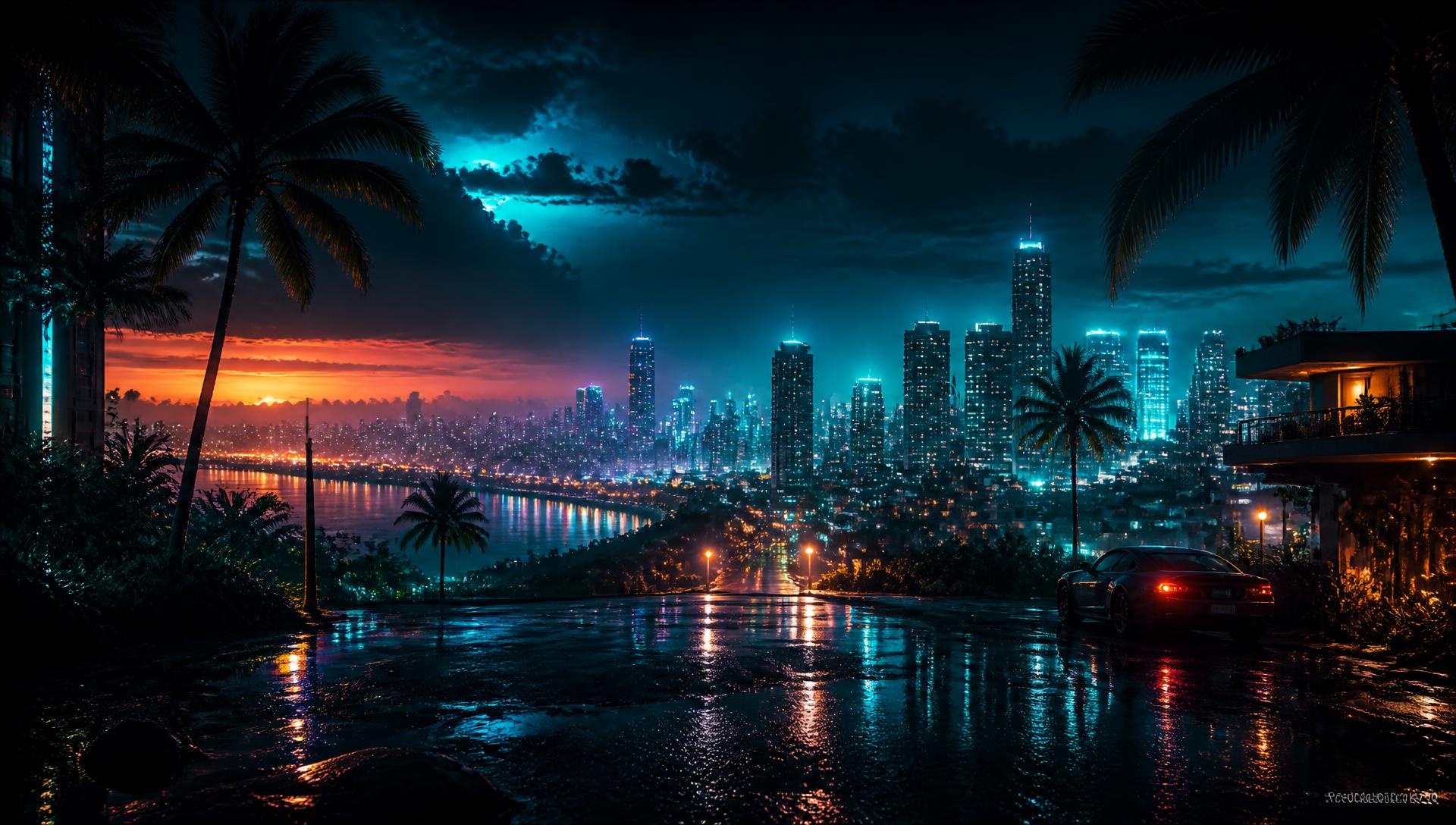 Original cinematic night skyline of a fictional tropical city